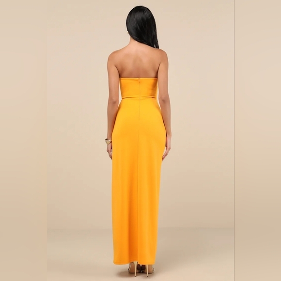Lulus Malia Golden Yellow Ruched Strapless Maxi Dress XS Wedding Party Prom - Picture 5 of 9